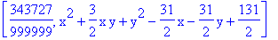 [343727/999999, x^2+3/2*x*y+y^2-31/2*x-31/2*y+131/2]